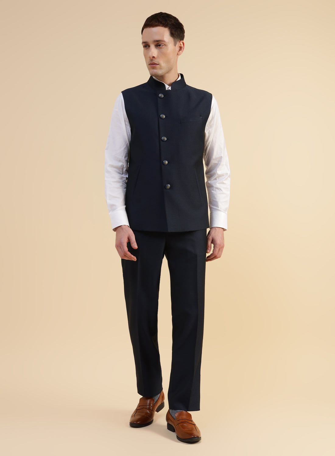 Navy Blue Structured Nehru Jacket Trouser Combo Set