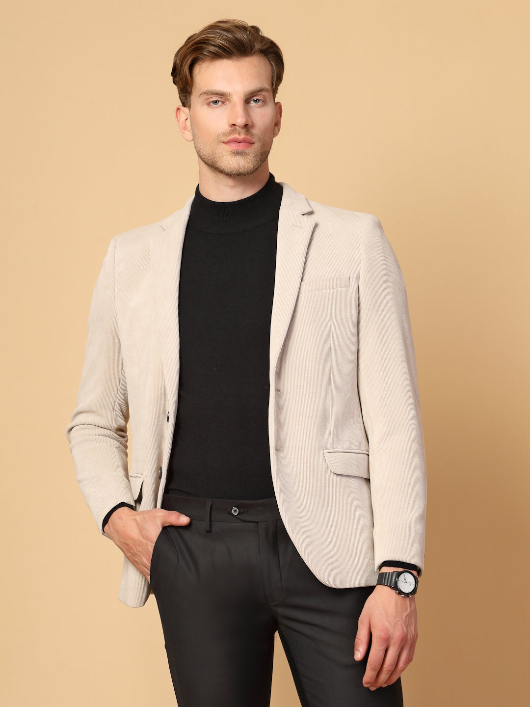 Beige Uncrushable Knit Cord Smart Jacket