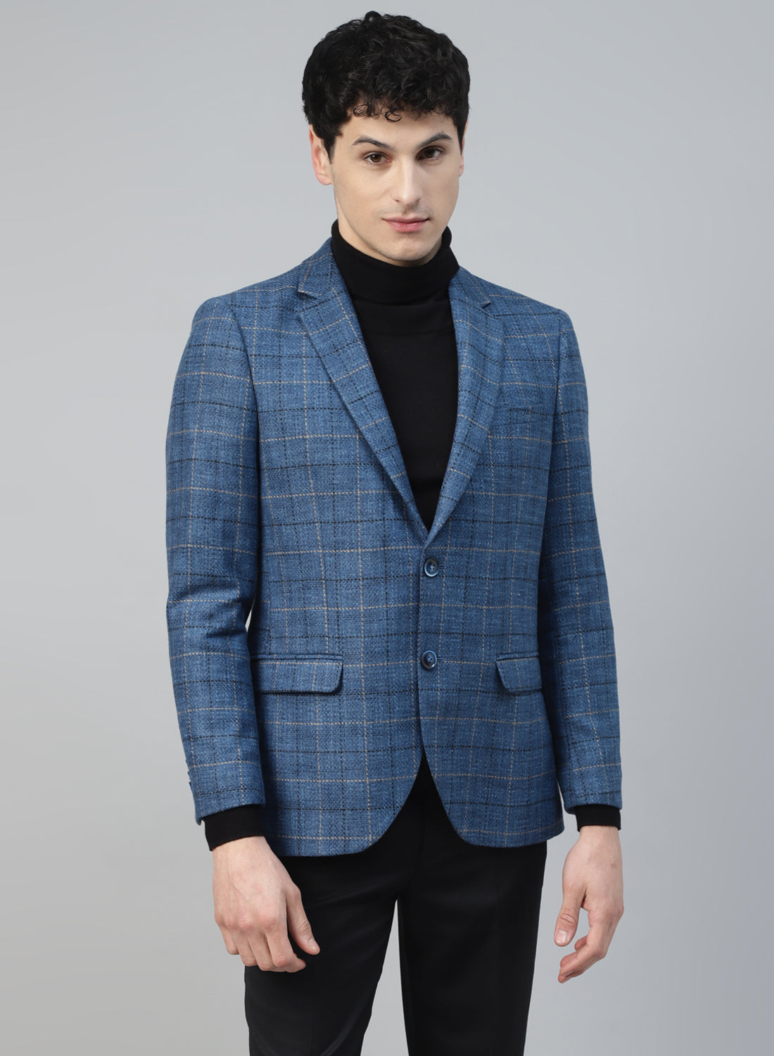 Blue Tweed Checks Tweed Notch Collar Jacket