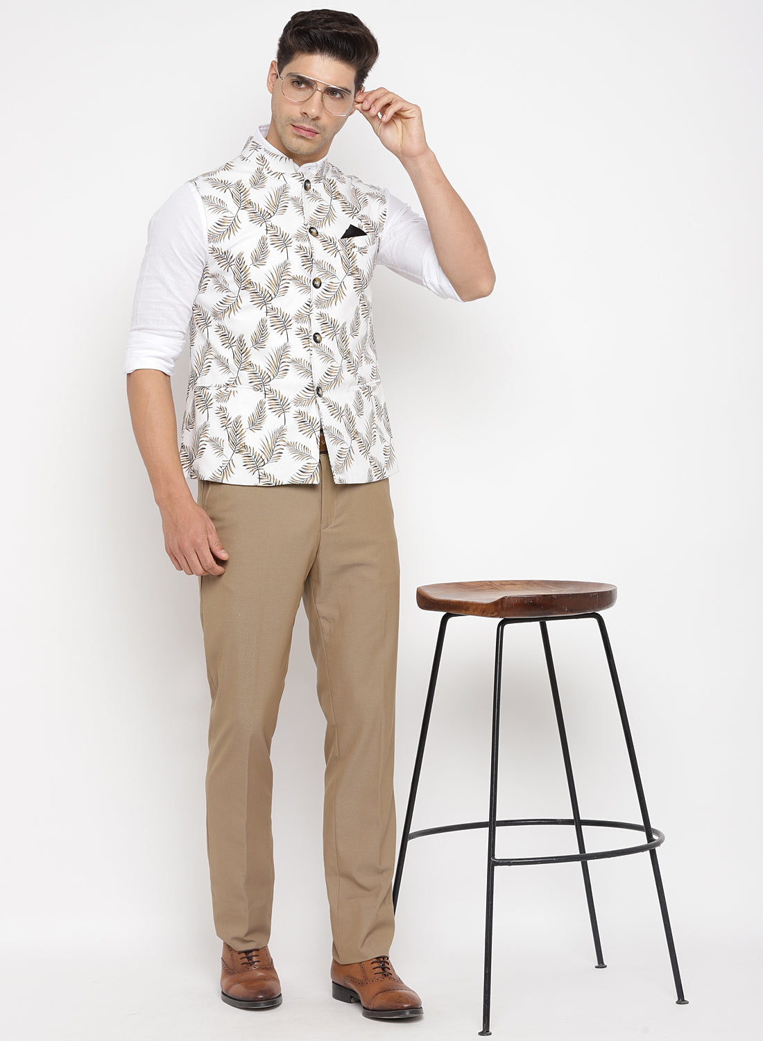 White printed nehru on sale jacket