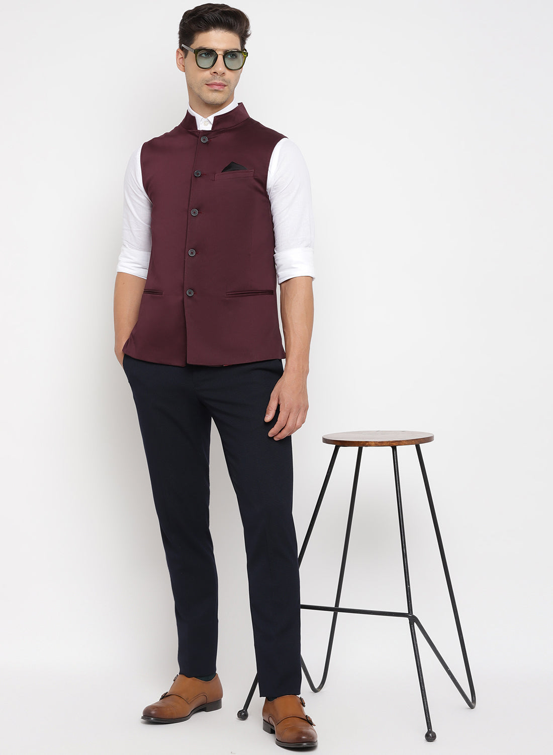 Eclipse Wine Textured Premium Terry-Rayon Wedding Nehru Jacket For Men.