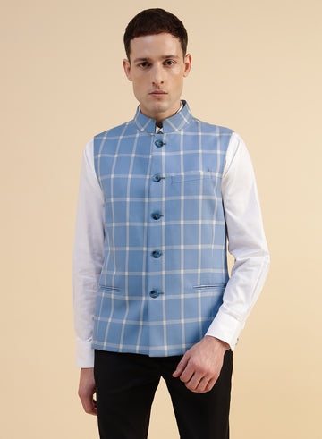 Sky Blue Polywool Check Nehru Jacket