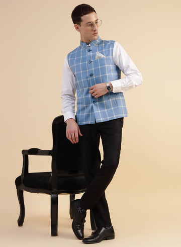 Sky Blue Polywool Check Nehru Jacket