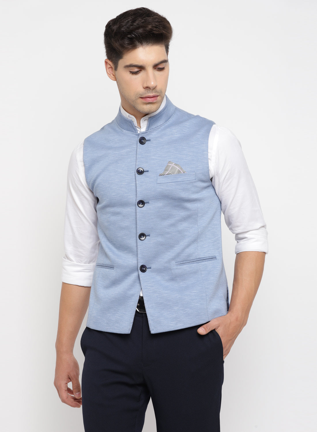 Light Blue Nehru Jacket In Digital Print 575MW09