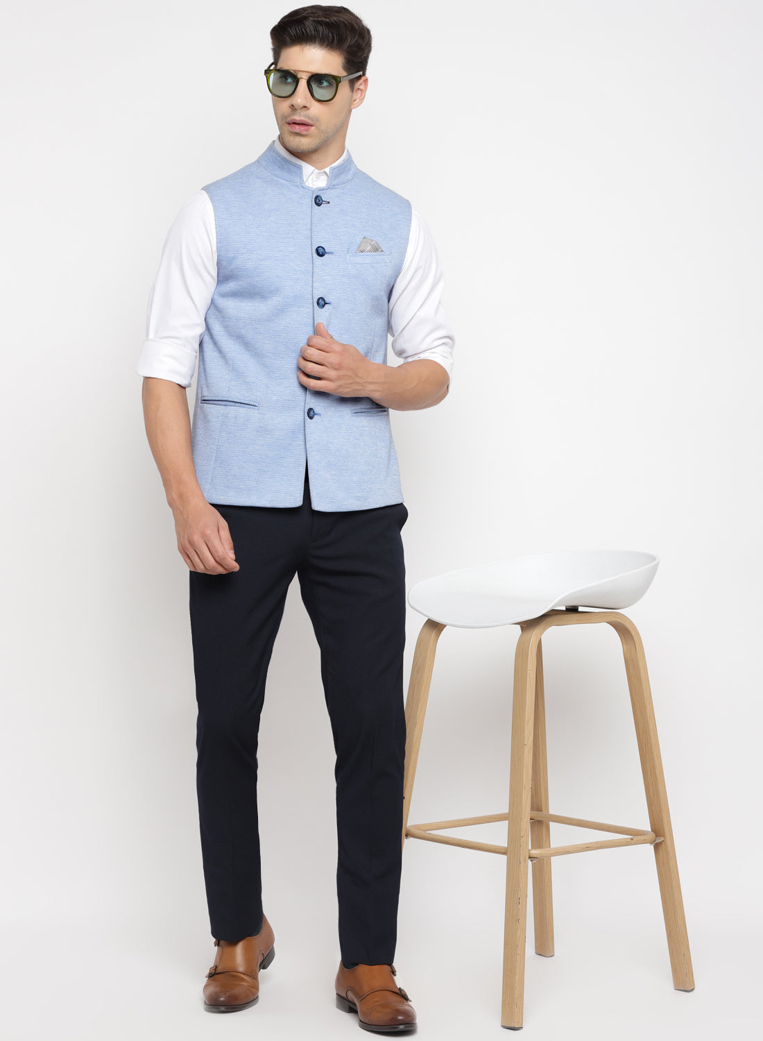 Hangup Plus Blue & Black Regular Fit Linen Short Kurta & Trousers Set With Nehru  Jacket
