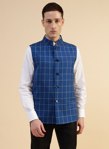 Blue Polywool Check Nehru Jacket