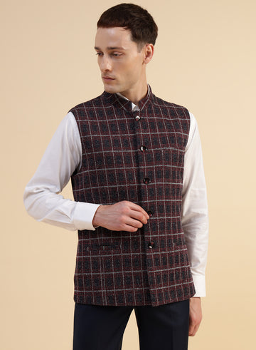 Red & Blue Uncrushable Check Nehru Jacket