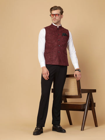 Wine Uncrushable Check Nehru Jacket