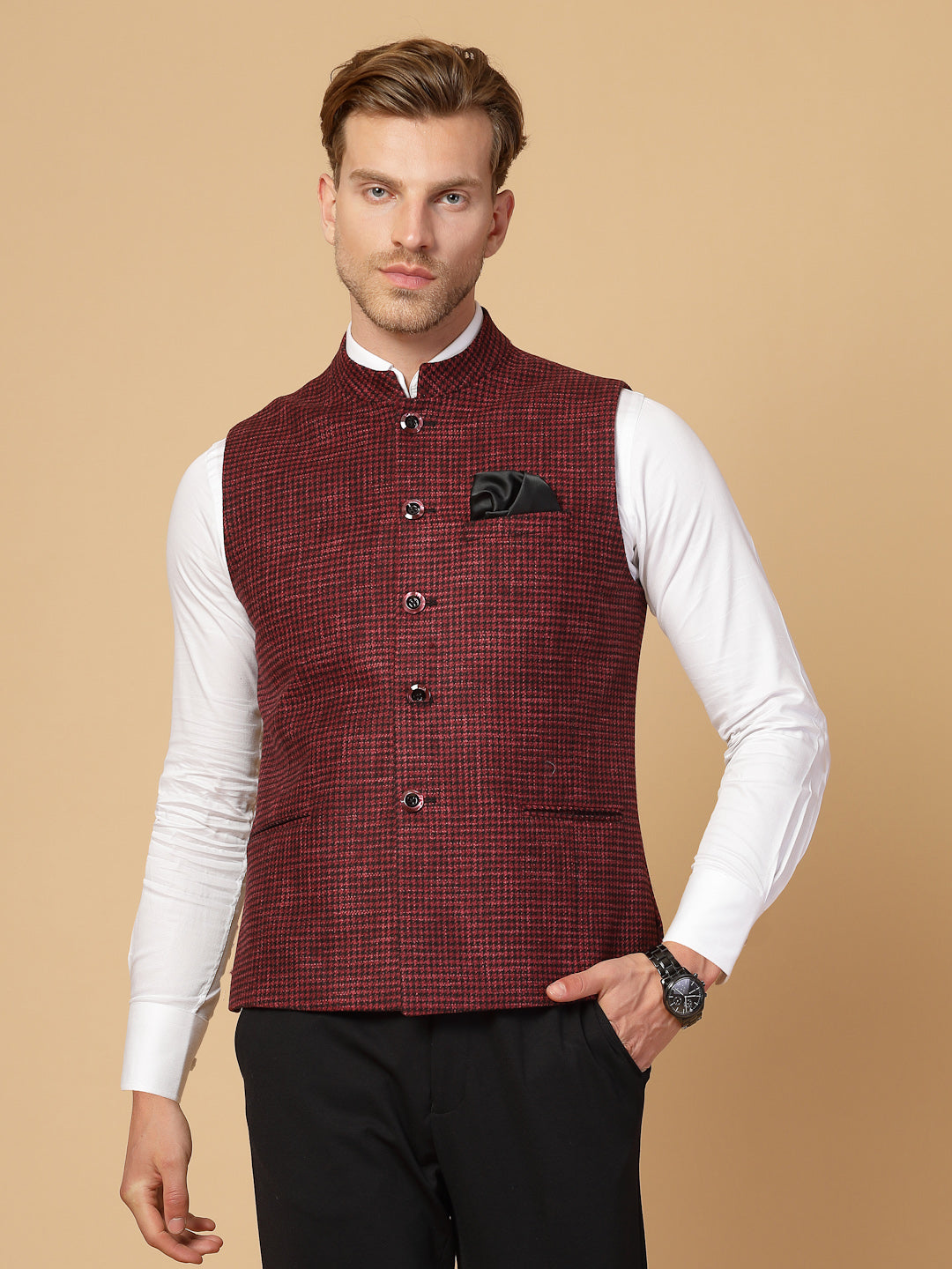 Wine Uncrushable Check Nehru Jacket