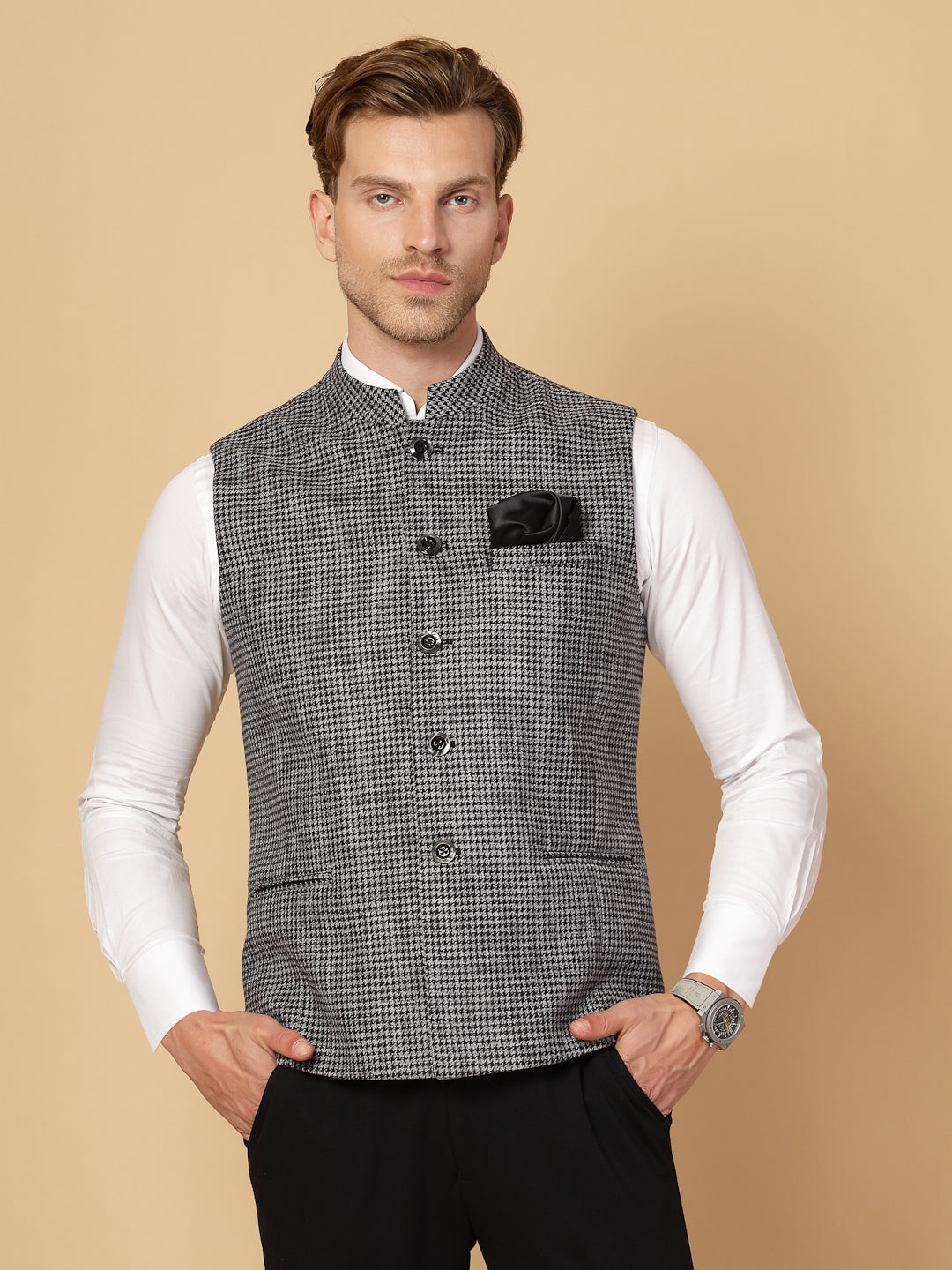 Grey Uncrushable Check Nehru Jacket