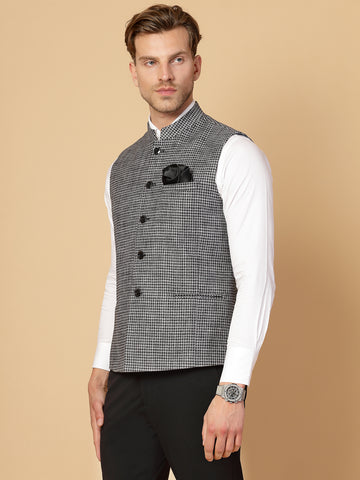 Grey Uncrushable Check Nehru Jacket