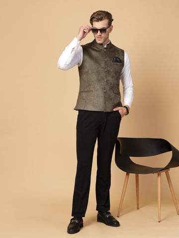 Olive Velvet Solid Nehru Jacket