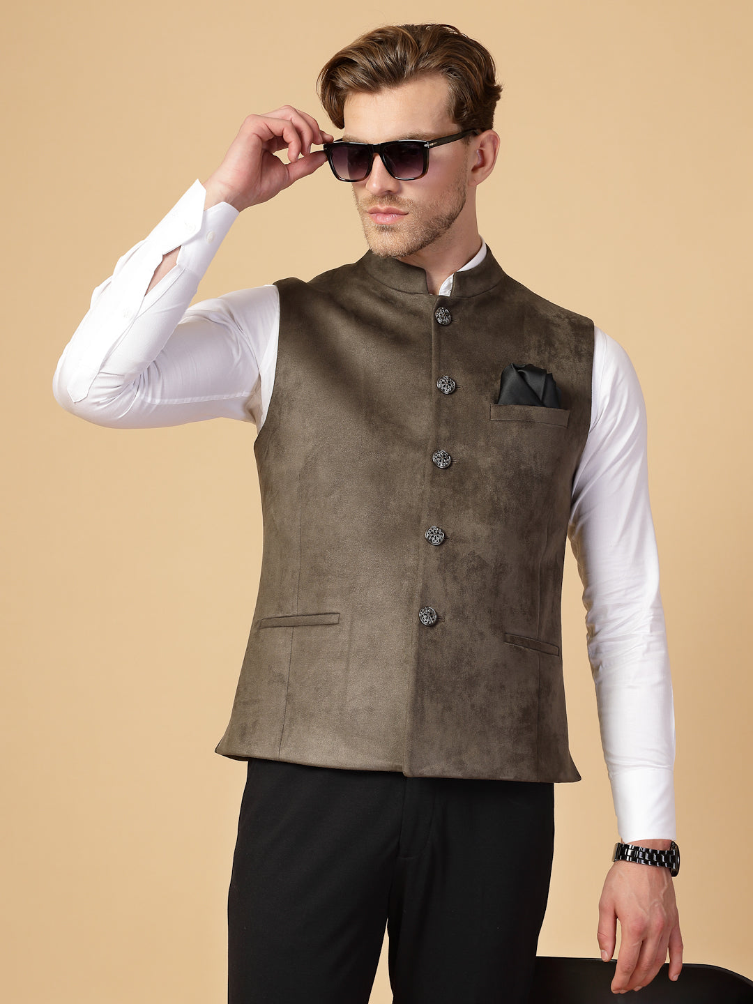 Olive Velvet Suede Nehru Jacket