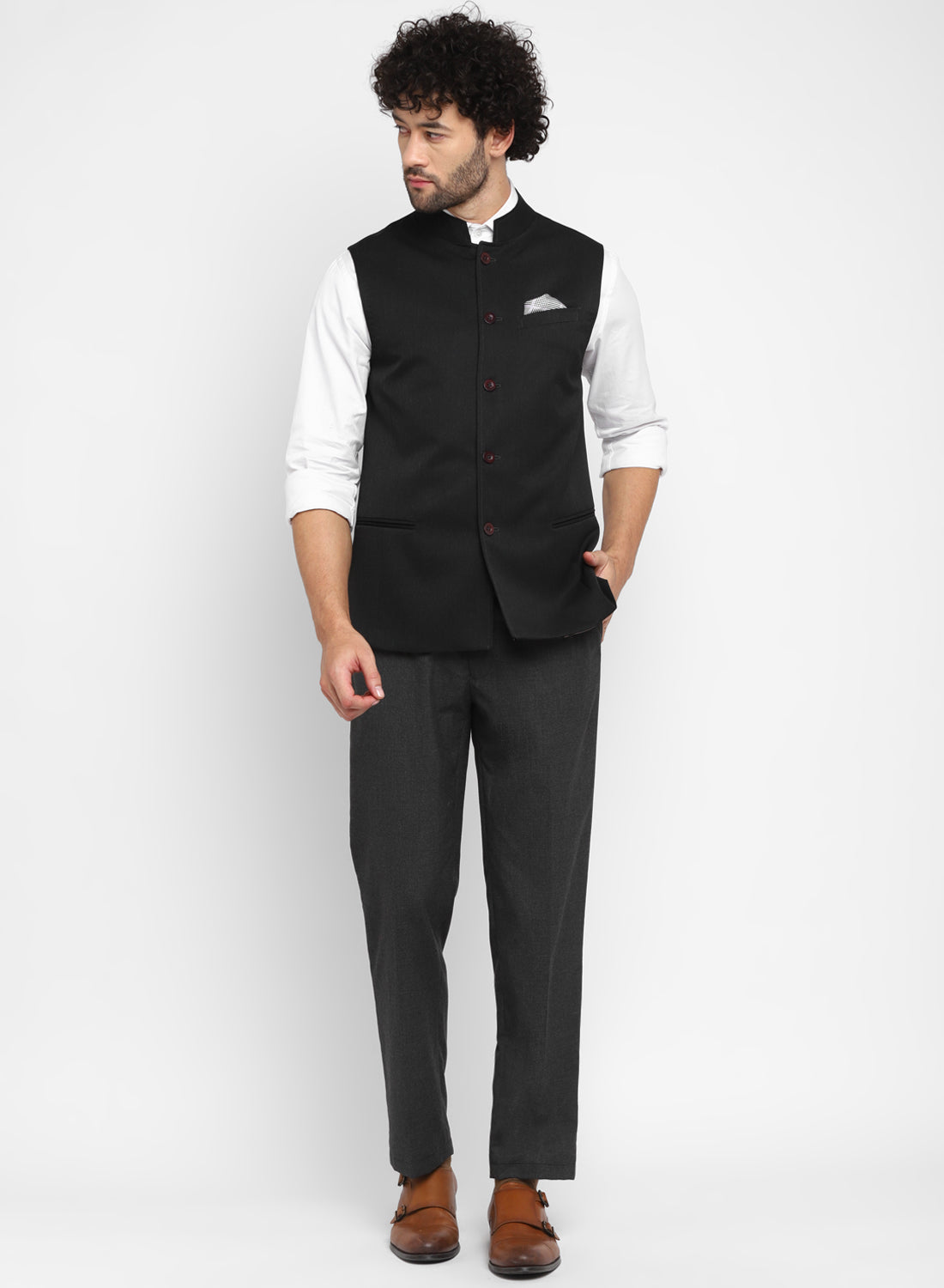 Solid Color Terry Cotton Nehru Jacket in Grey : MNB839