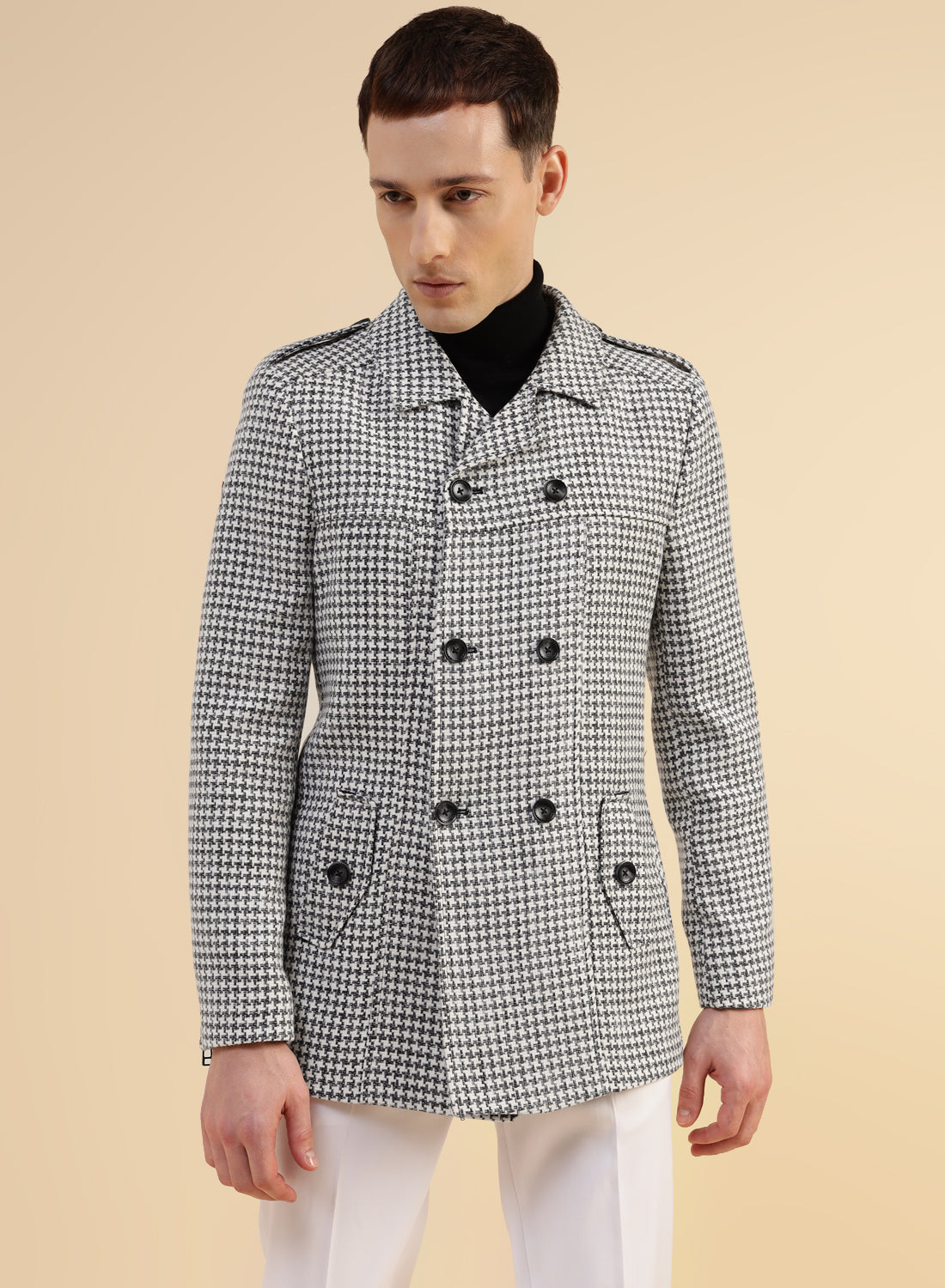 Black & White Tweed double-breasted Houndstooth Short Coat