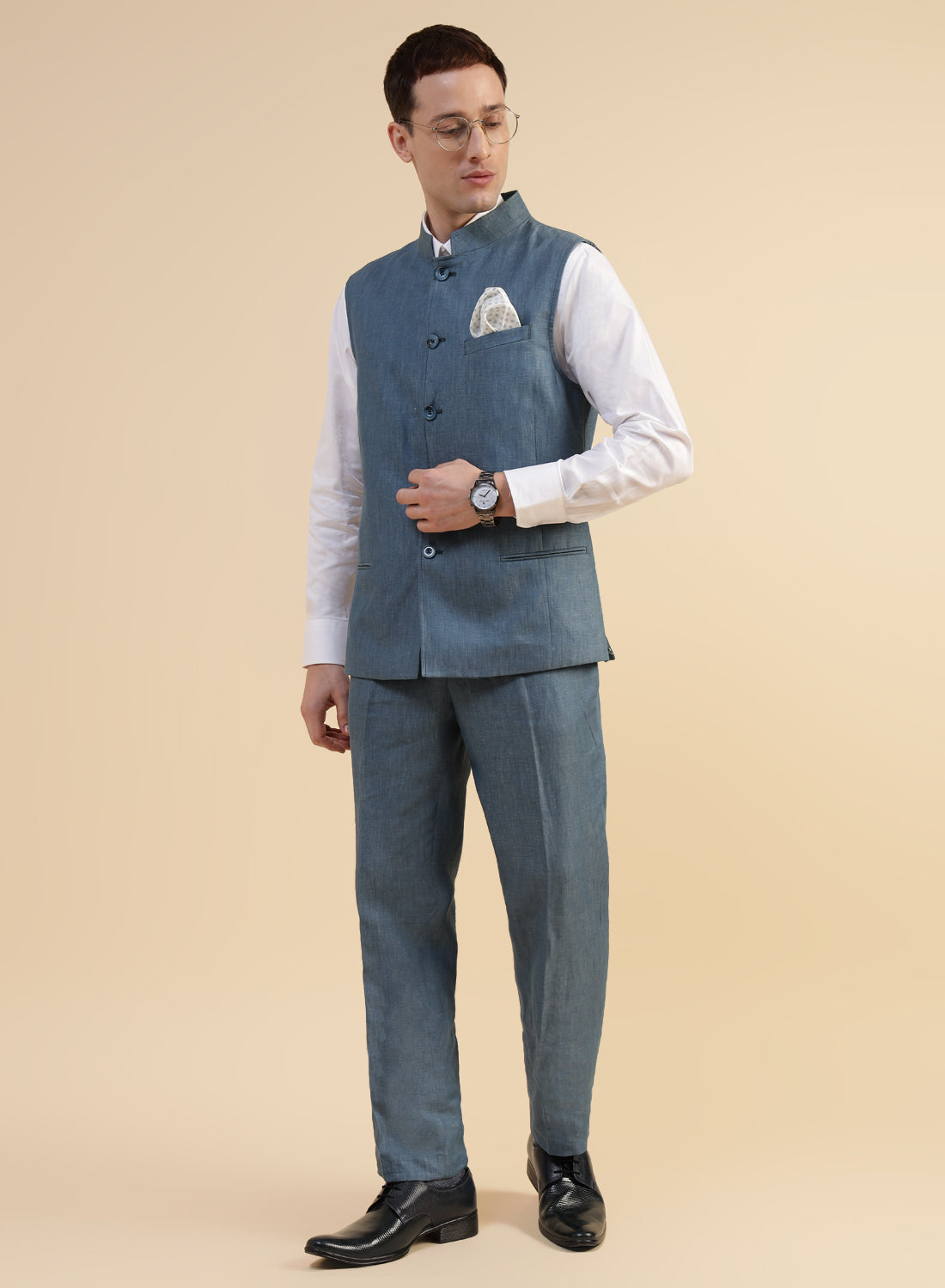 Greyish Blue Linen Nehru Jacket & Trouser Combo Set