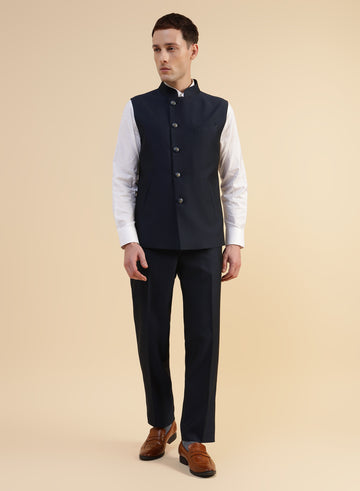 Navy Blue Structured Nehru Jacket & Trouser Combo Set