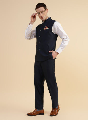 Navy Blue Structured Nehru Jacket & Trouser Combo Set