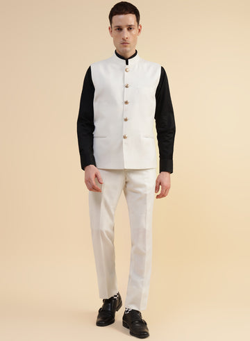 Cream Polywool Nehru Jacket & Trouser Combo Set