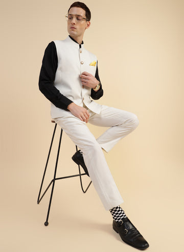 Cream Polywool Nehru Jacket & Trouser Combo Set