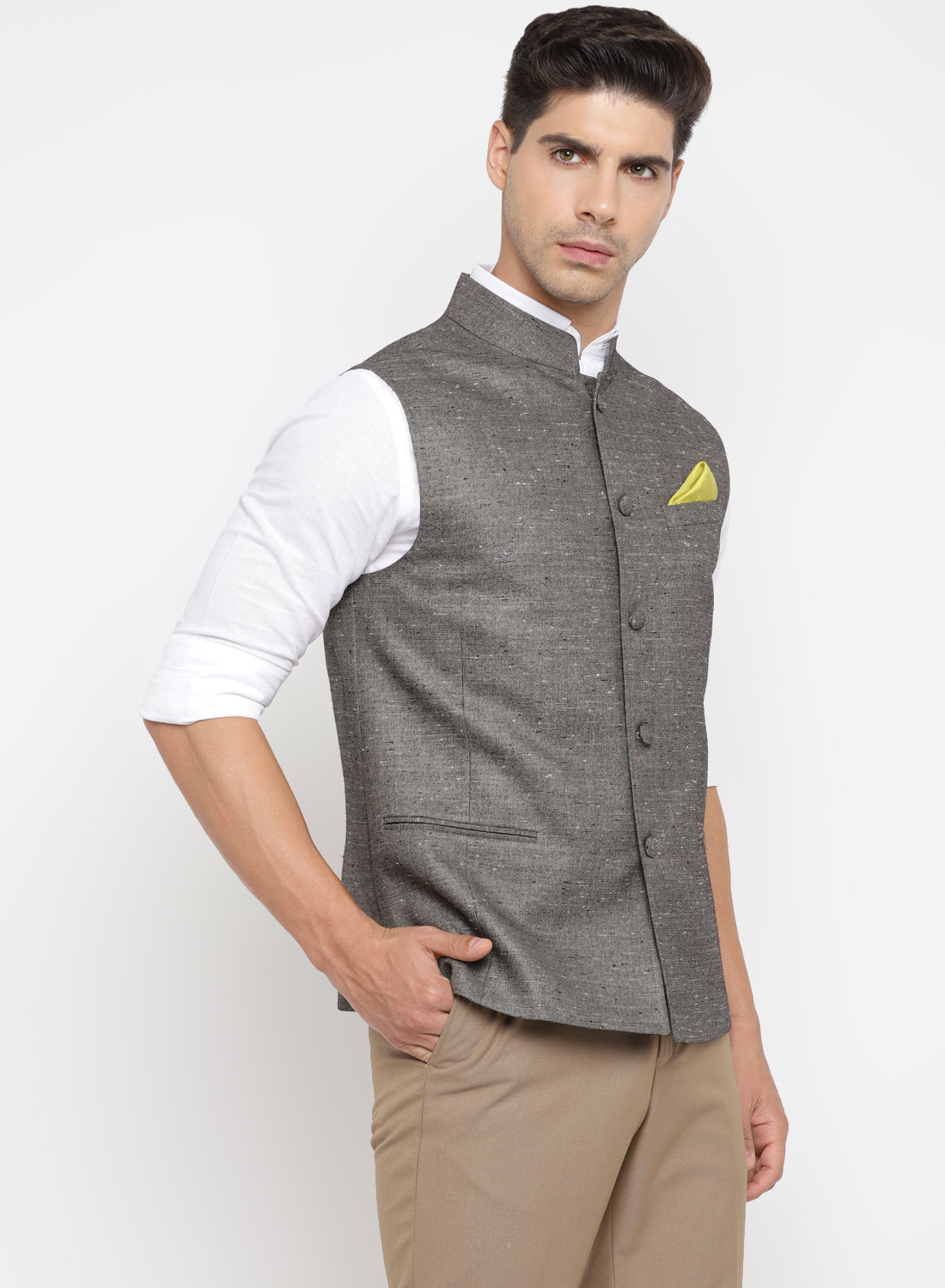 Men's Grey Ethnic Motifs Kurta with Pyjamas & Nehru Jacket