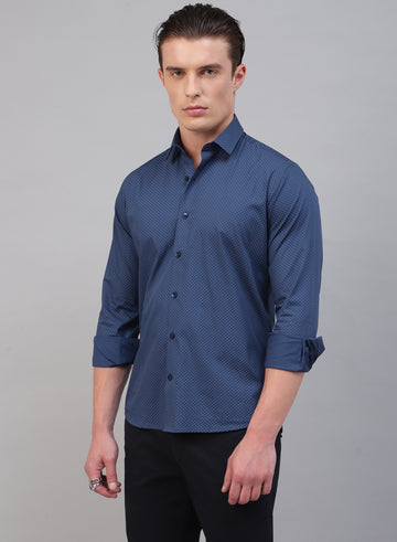Blue Cotton Printed Full Sleeve Shirt