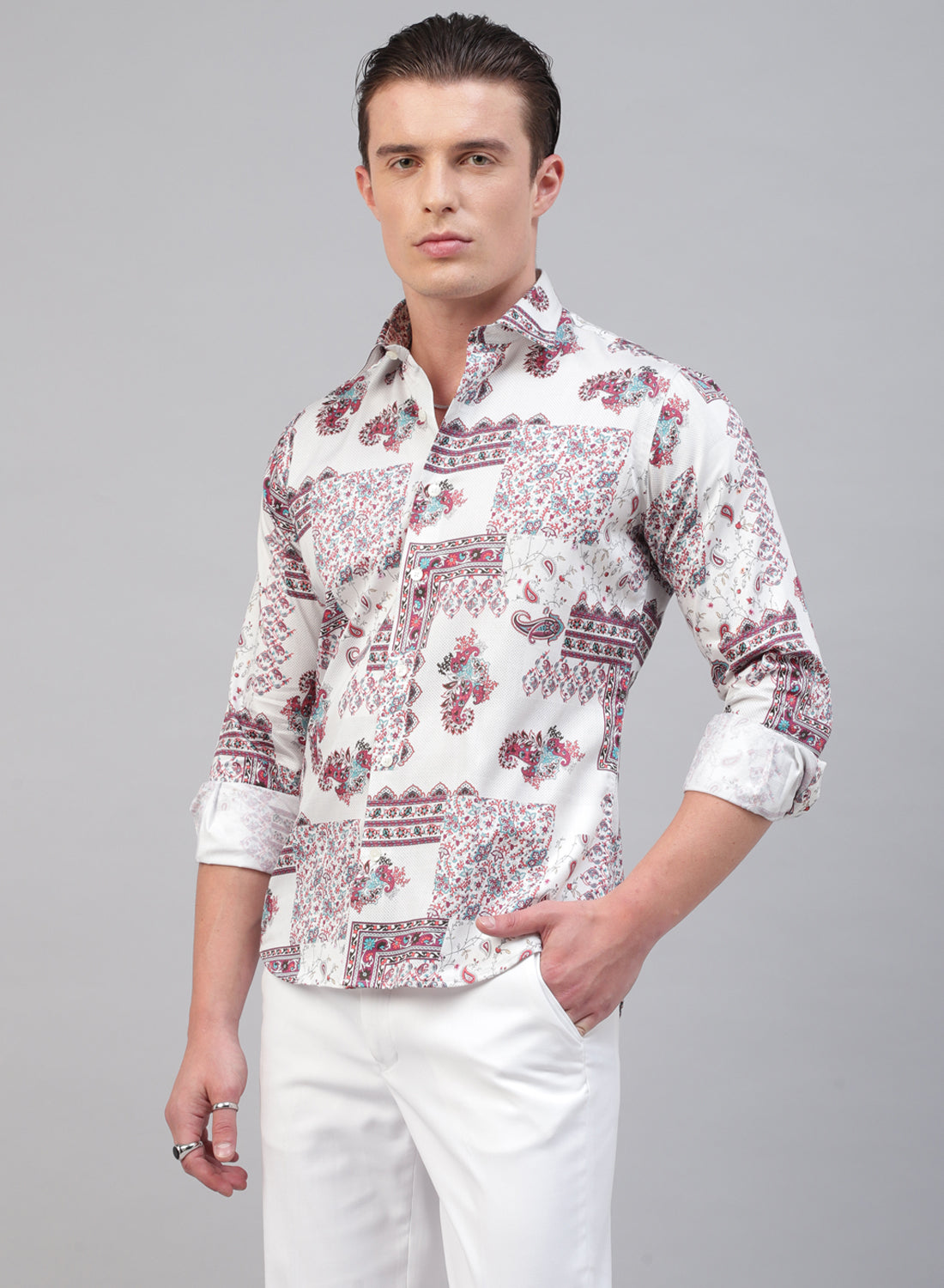 White & Red Cotton Full Sleeve Shirt