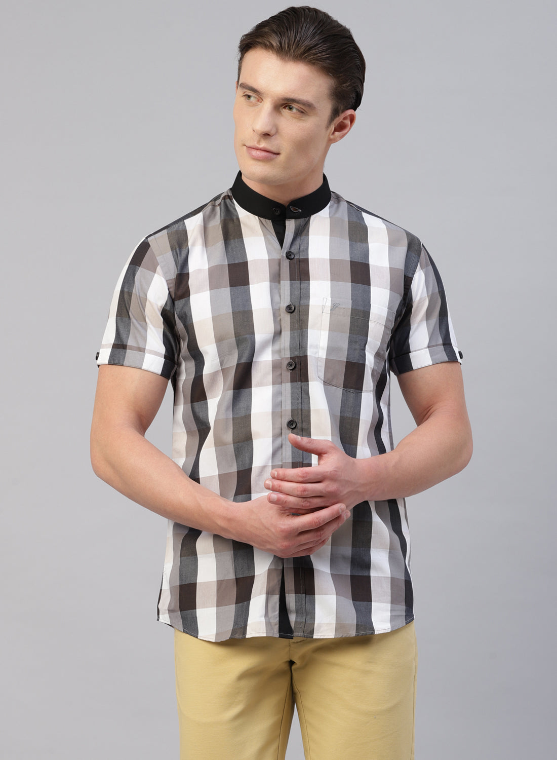 Grey Check Band Collar Half Sleeve Shirt