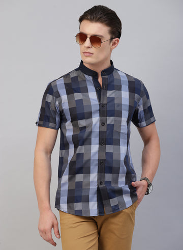 Blue Check Band Collar Half Sleeve Shirt