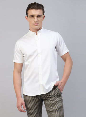 White Cotton Band Collar Half Sleeve Shirt
