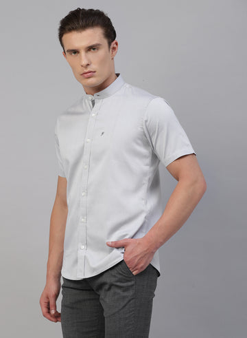 Grey Cotton Band Collar Half Sleeve Shirt