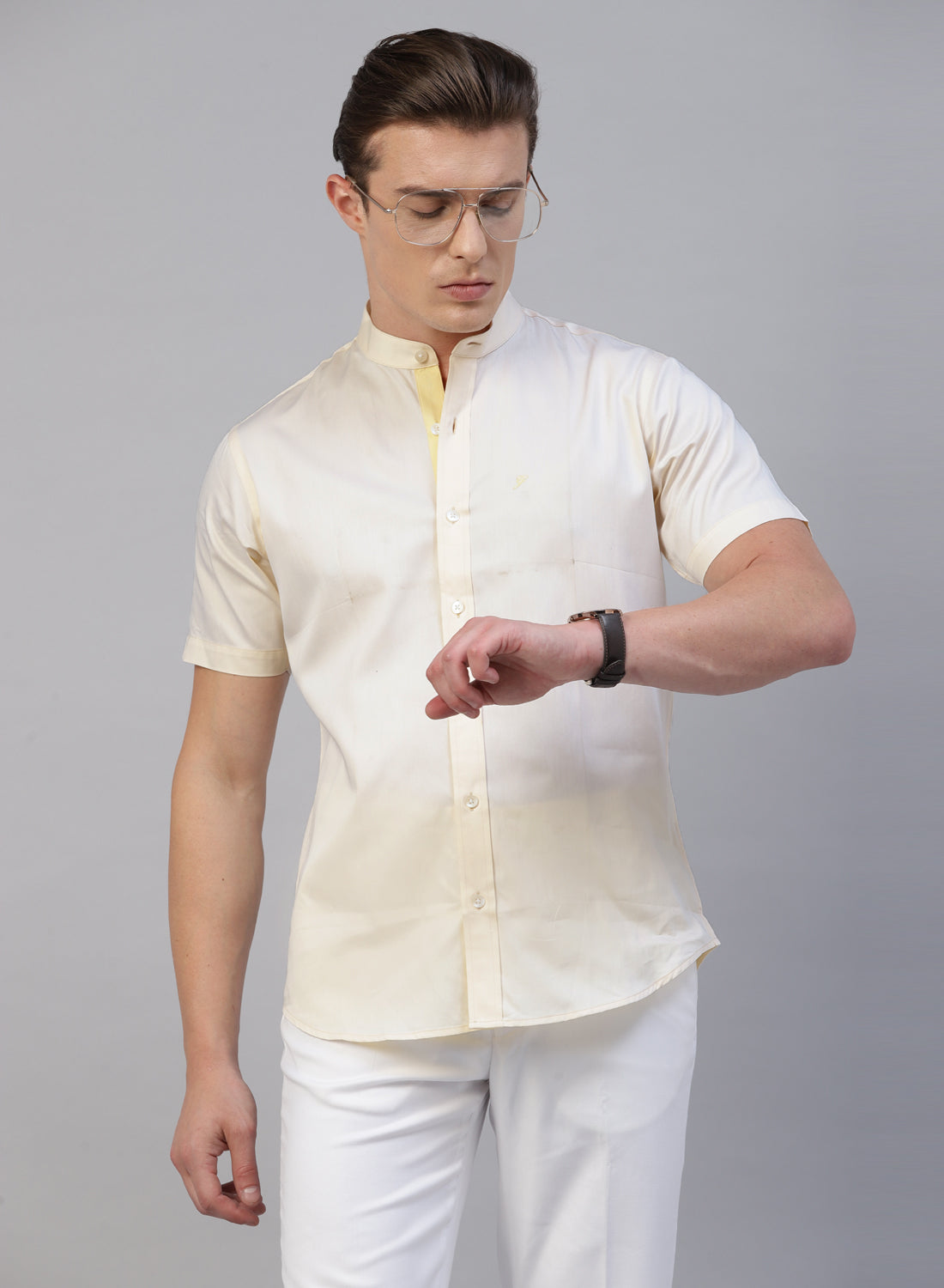 Yellow Cotton Band Collar Half Sleeve Shirt