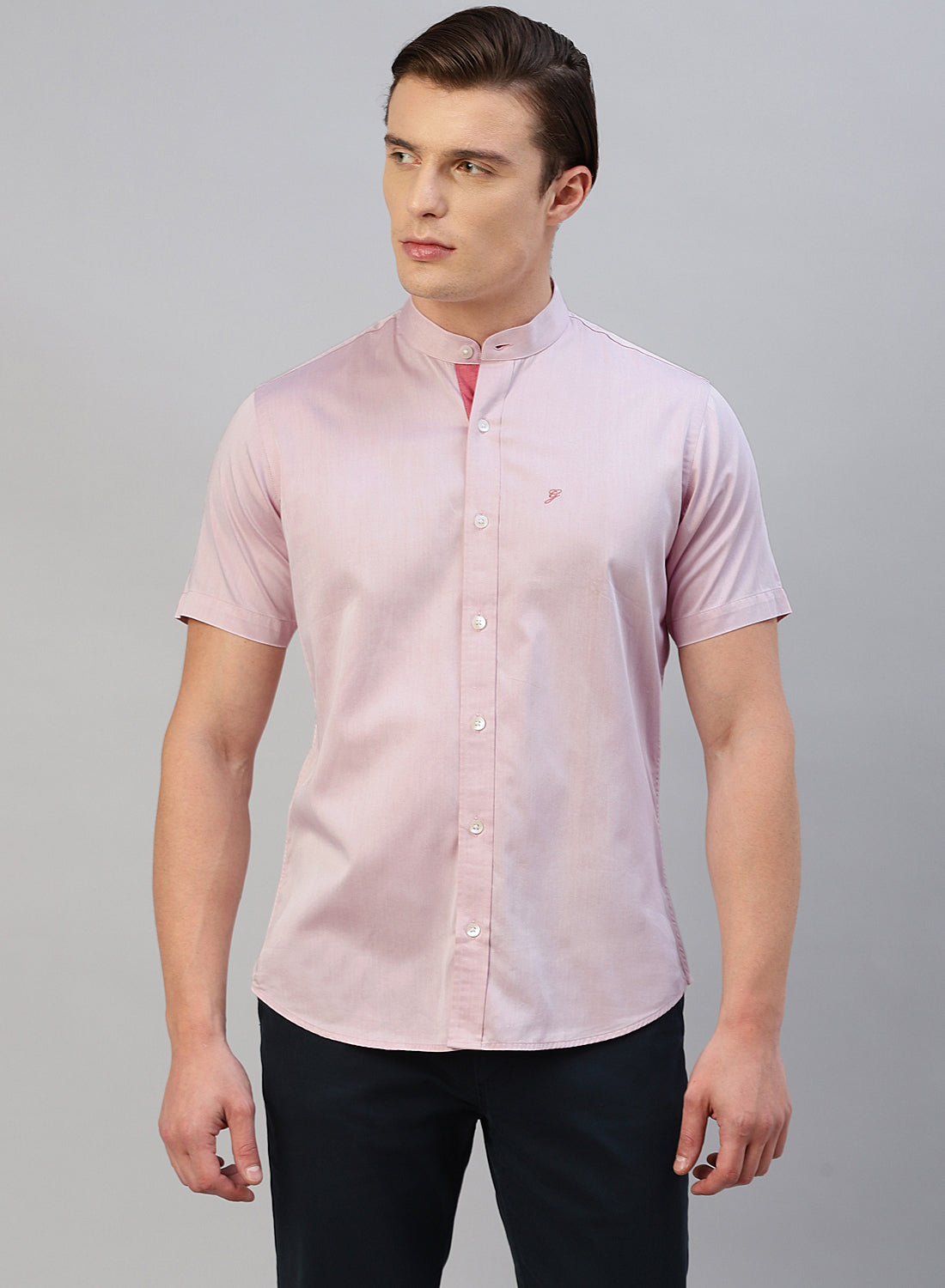 Pink Cotton Band Collar Half Sleeve Shirt