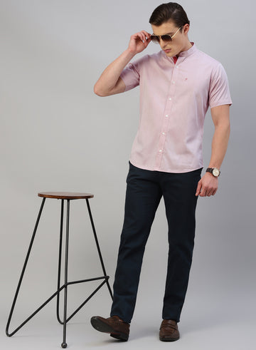Pink  Cotton Band Collar Half Sleeve Shirt