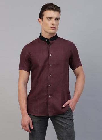 Maroon Linen Band Collar Half Sleeve Shirt