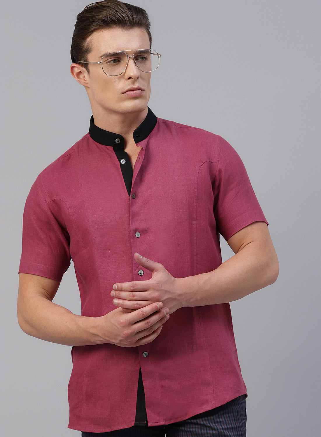 Red Linen Band Collar Half Sleeve Shirt