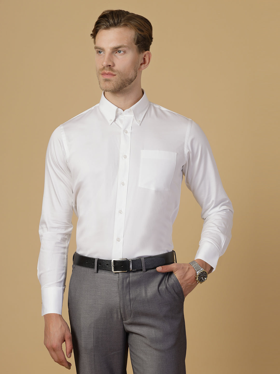 White Cotton Solid Shirt