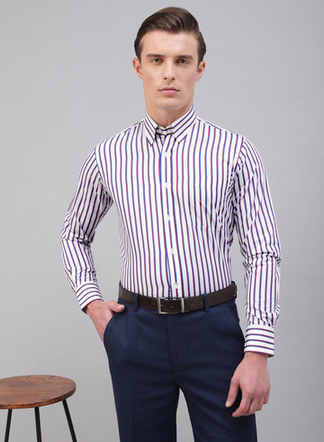 White & Maroon Cotton Button Down Stripe Formal Shirt