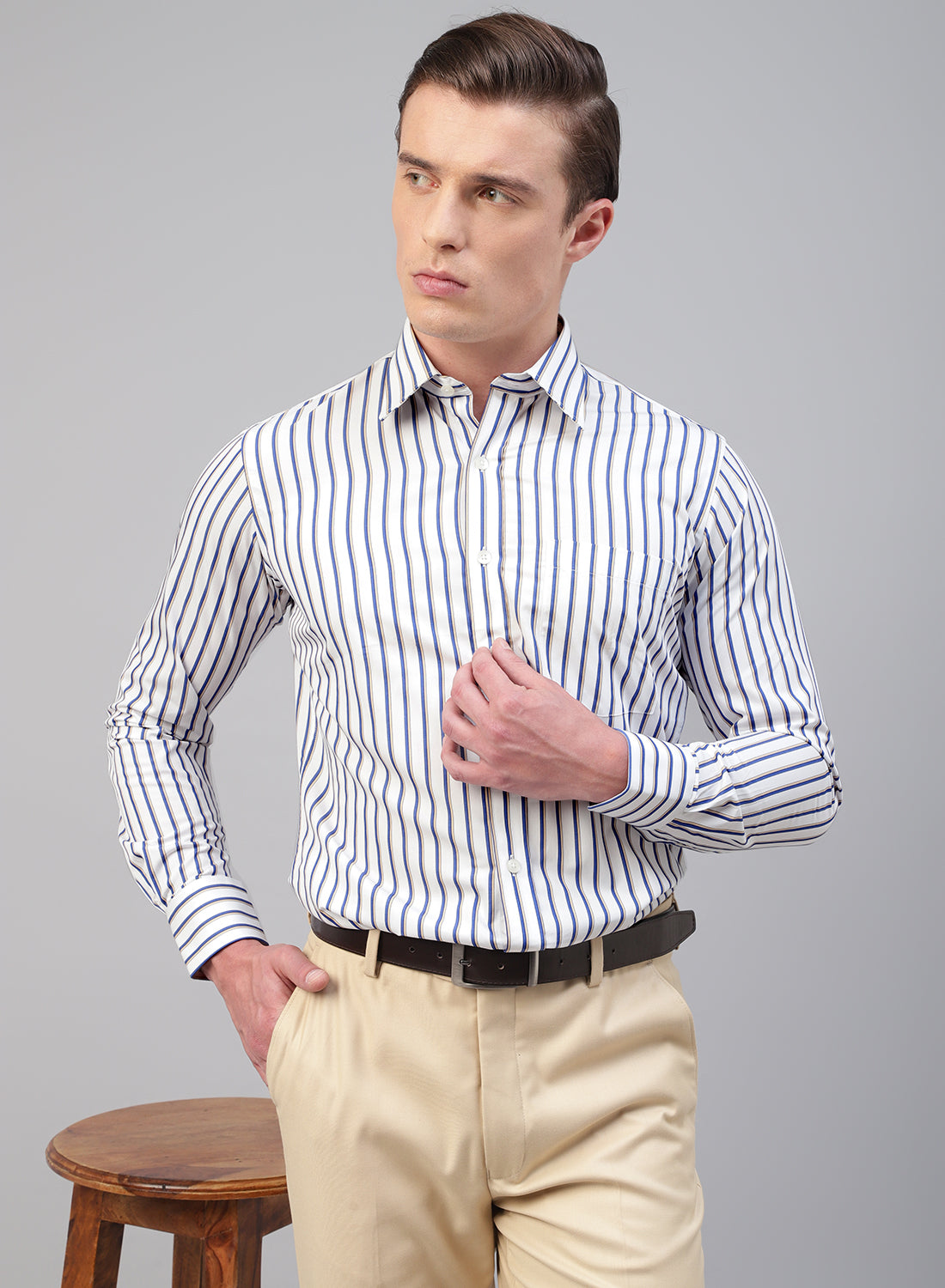 White, Blue & Beige Cotton Stripe Formal Shirt