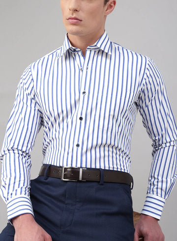 White & Navy Blue Cotton Stripe Formal Shirt