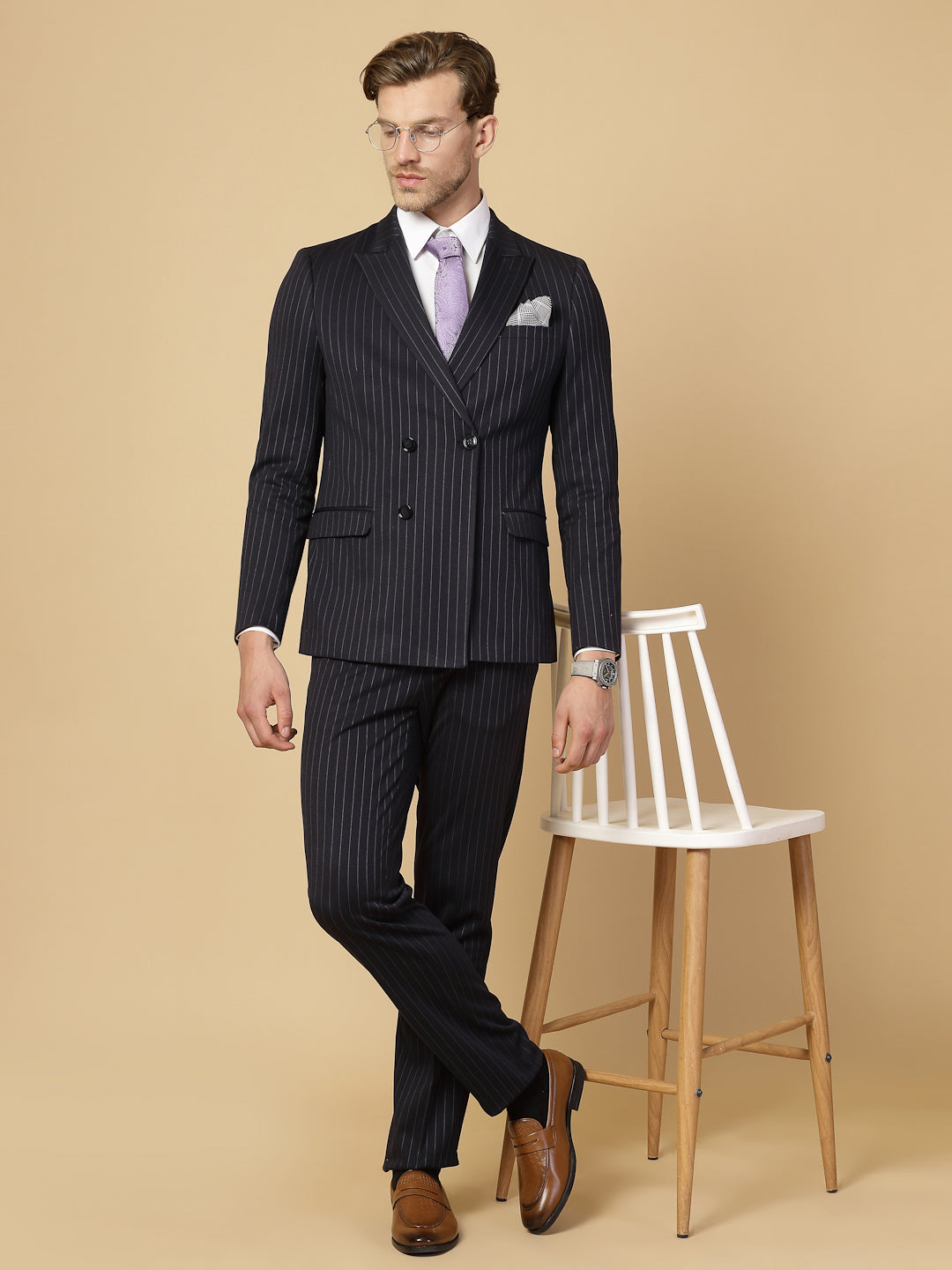 Navy Uncrushable Stripe Double Breasted 2pcs Suit