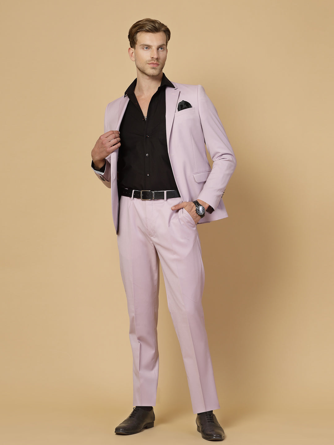 Mauve Polywool Solid Notch Collar Suit