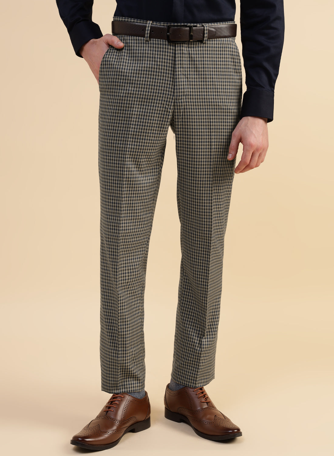 Beige Check Smart Trouser