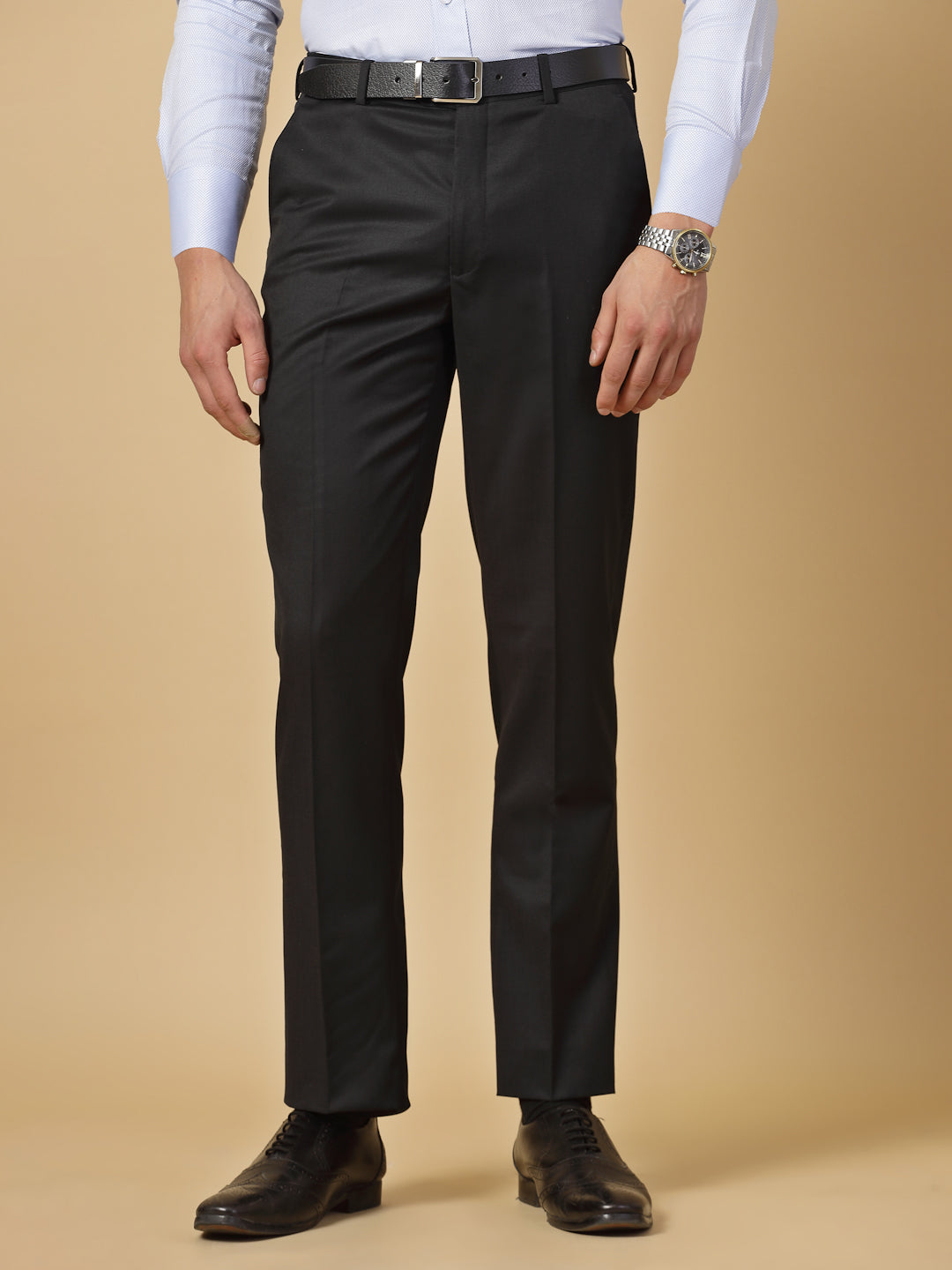 Black Solid Polywool Trouser