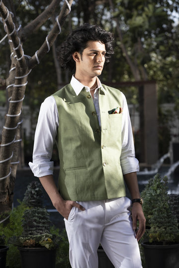 Olive Solid Linen Nehru Jacket