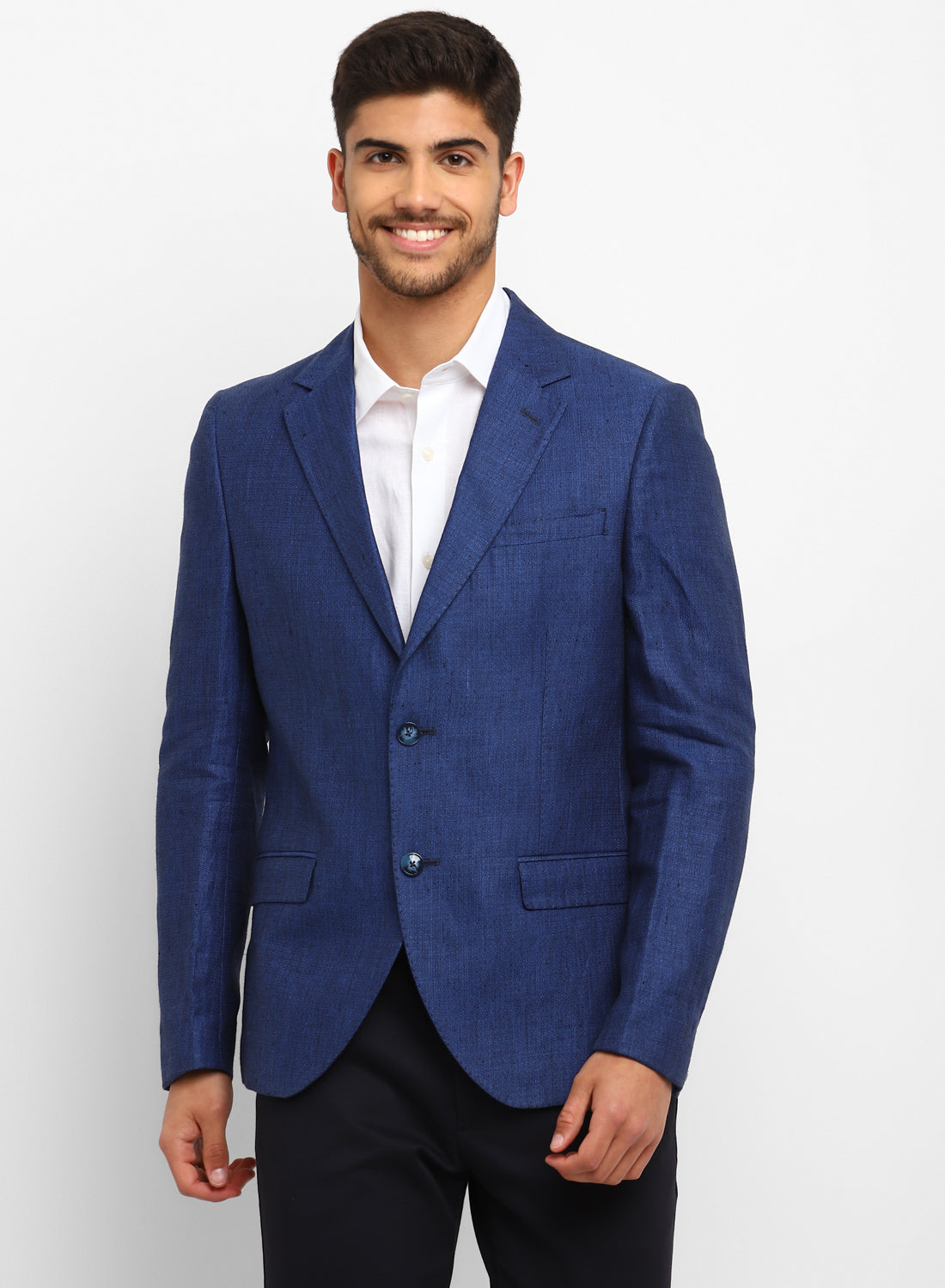 Blue Linen Check Notch Collar Jacket