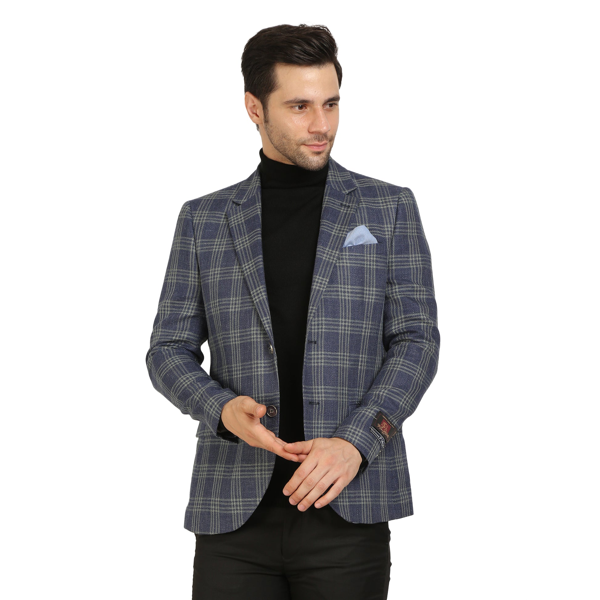 Blue Linen Check Notch Collar Jacket