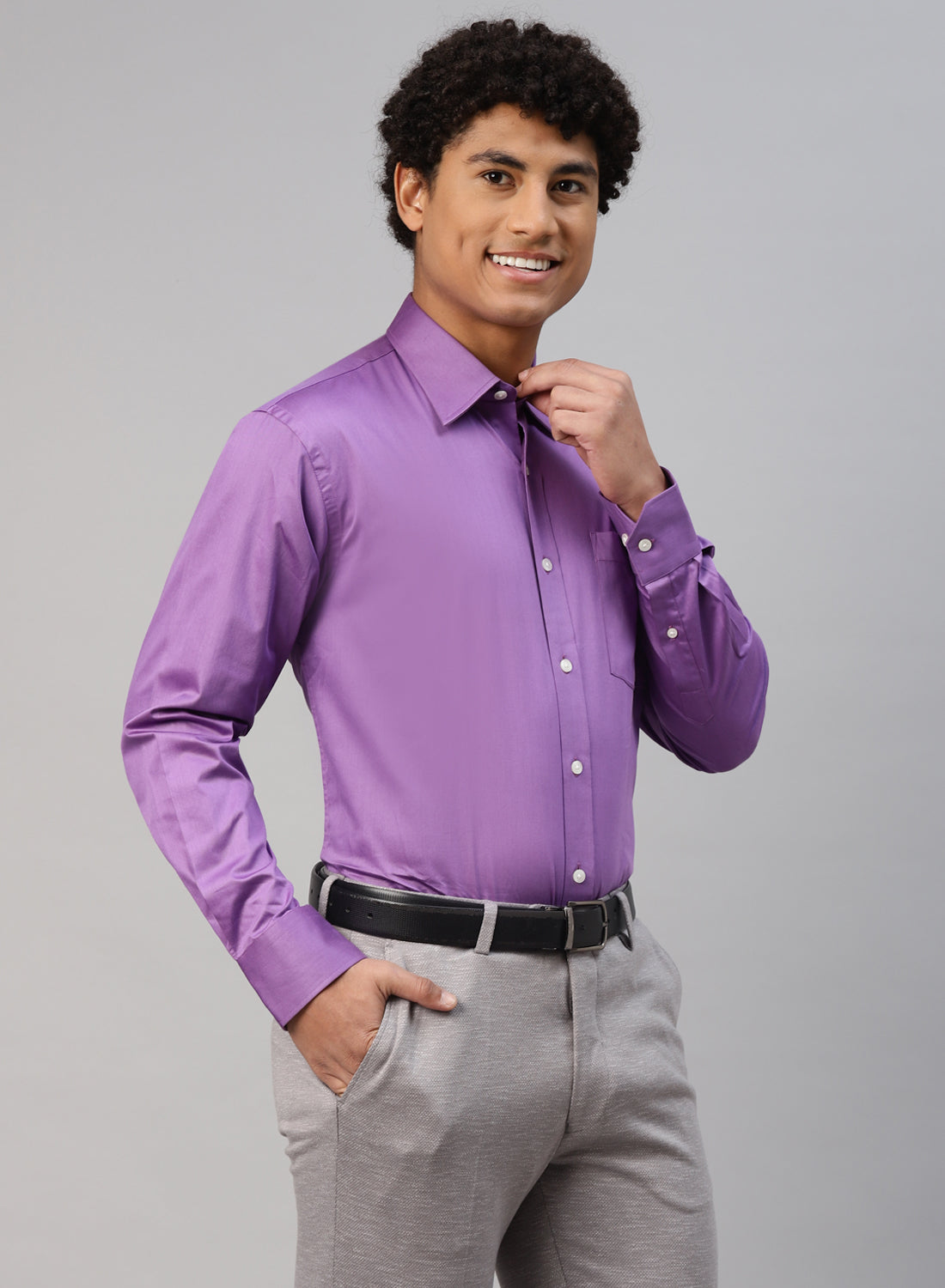 Men's Purple Shirt With Long Sleeves And Black Pants Isolated On White  Background. Fashion Clothes Stock Photo, Picture and Royalty Free Image.  Image 151089390.